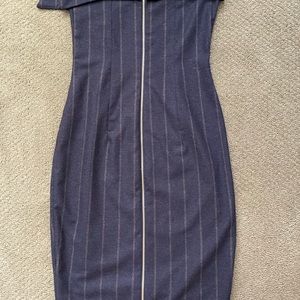 Pinstripe suiting fabric strapless midi dress.